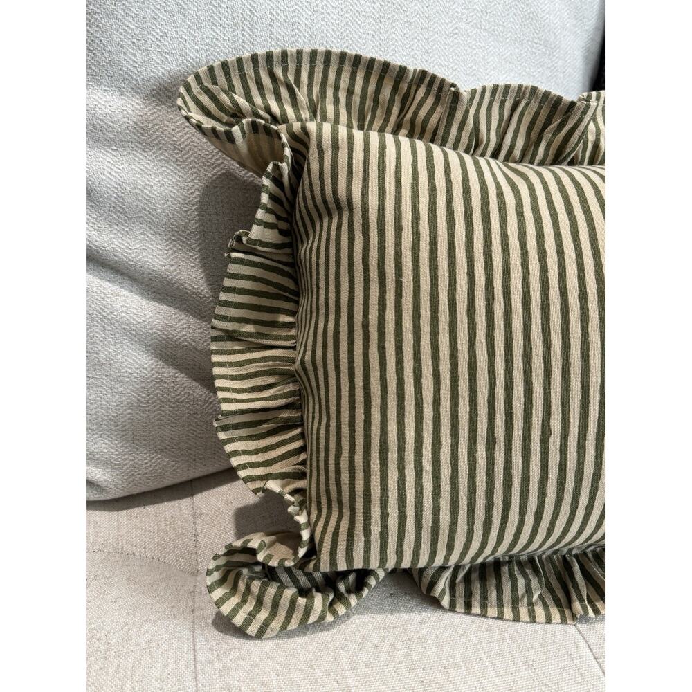 New Cottage Farmhouse Vintage Olive Green Stripe Ruffle Lumbar Accent Pillow - Picture 5 of 13